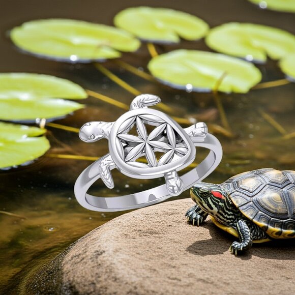 Turtle with Flower of Life Shell Sterling Silver Ring, Size 6 - Picture 1 of 3